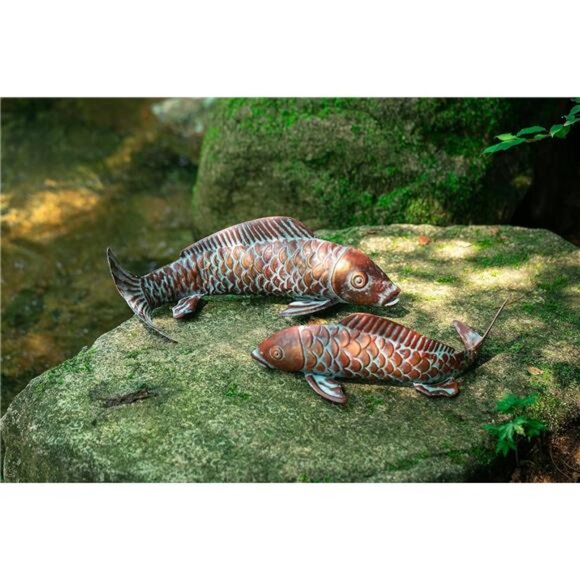 Set of 2 Koi Fish Sculpture for Outdoor, Statue Ornament, Metal Copper - Picture 4 of 7